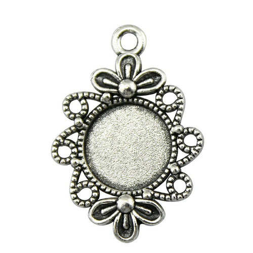 Bow Detail Round Cabochon Connector Trays in Two Finishes shown in image 3 with bow motifs and lace-like side loops
