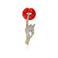 Red Lips and Crystal Hand Brooch in Two Metal Tones view 2