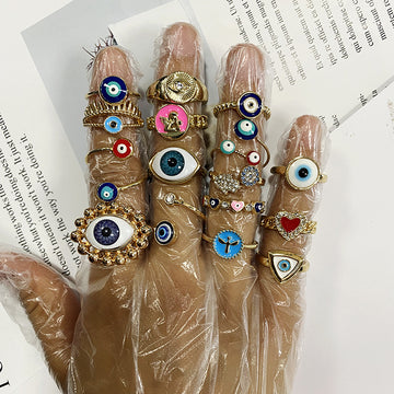 Gold Tone Colorful Evil Eye and Motif Adjustable Rings in Fourteen Designs