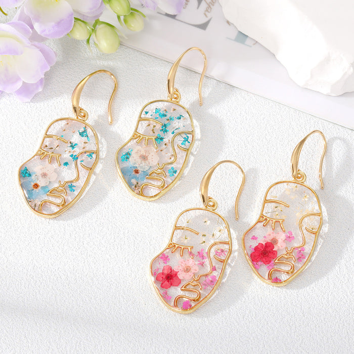 Gold Tone Face Profile Pressed Flower Earrings and Charms