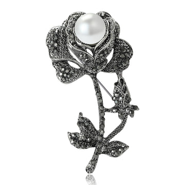 Long Stem Rose Brooch With Pearl and Crystal Petals