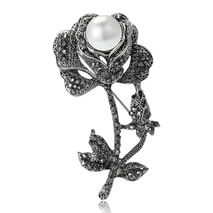 Long Stem Rose Brooch With Pearl and Crystal Petals