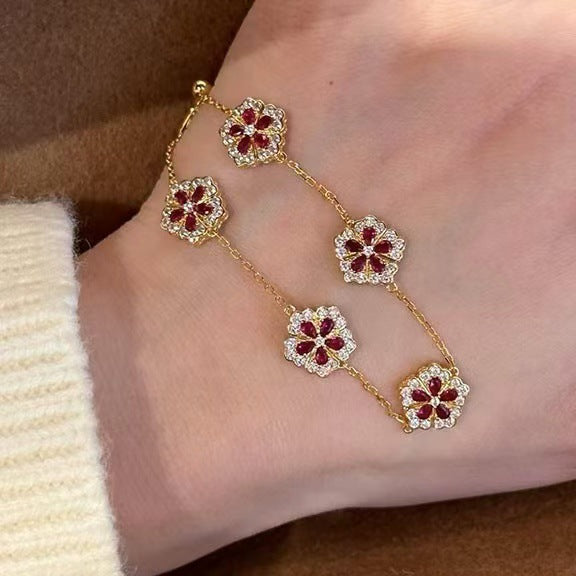 Gold Tone Flower Chain Bracelet Red Crystal Centers
