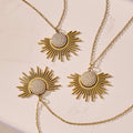 Gold Sunburst Pendant Necklace Pavé Center Stainless Steel Chain view 3