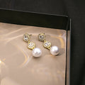 Gold Triple Halo Pearl Look Long Dangle Stud Earrings view 3