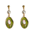 Gold Tone White Pearl Green Oval And Pink Tulip Drop Stud Earrings view 5