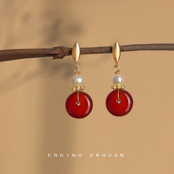 Gold Tone Leaf Top White Pearl And Red Translucent Disc Stud Earrings