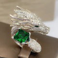 Silver Tone Dragon Head Open Adjustable Ring Square Gem view 3