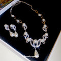 Silver Pearl Teardrop Necklace Earrings Rhinestone Leaf Set view 4
