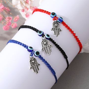Braided Cord Hamsa and Blue Evil Eye Adjustable Bracelets