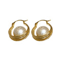 Gold Tone Coiled Hoop Earrings with Round Pearl Centers view 5