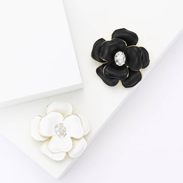 Enamel Camellia Flower Brooch Gold Edge Clear Center Crystal