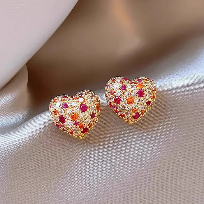 Gold Heart Stud Earrings Multicolor Pave Pink Orange Clear