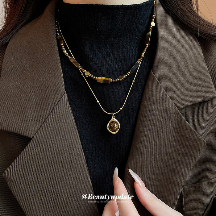 Gold Double Layer Tiger Eye Bar Sphere Pendant Necklace