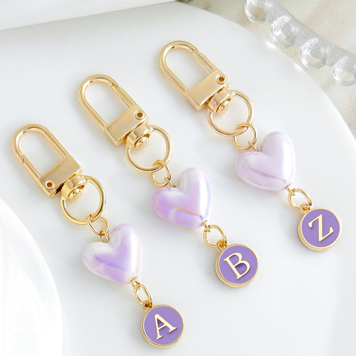 Iridescent Heart Bead Keychain With Purple Enamel Letter Charm