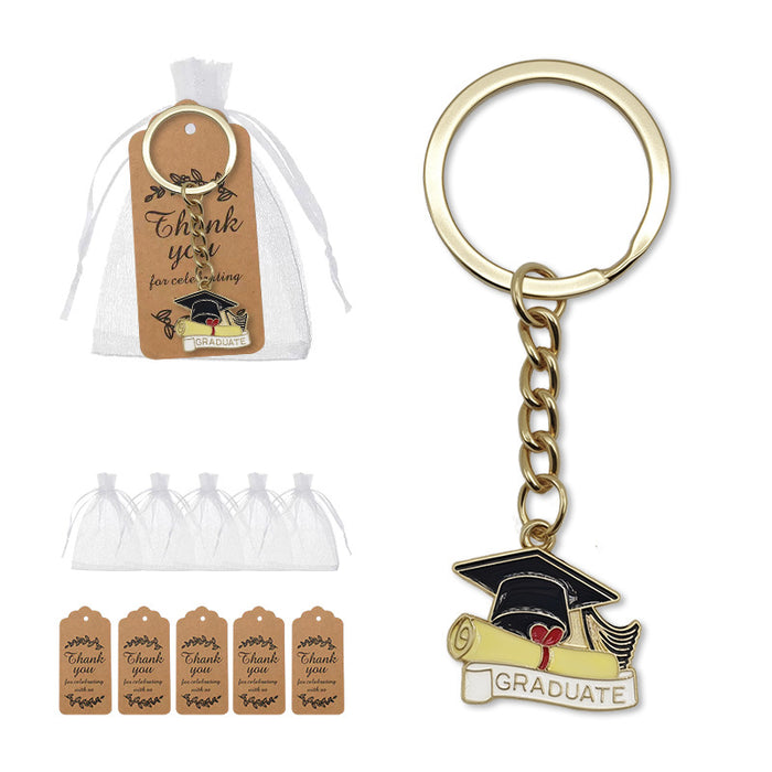 Graduate Cap Diploma Banner Enamel Keychain Gold Ring