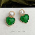 Pearl Stud Green Heart Drop Earrings Gold Twisted Bezel view 4