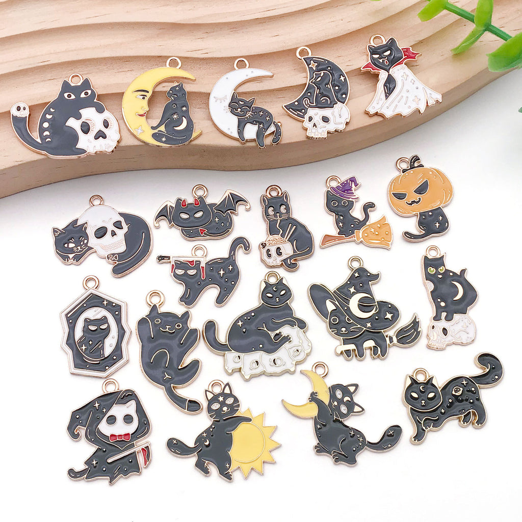 Enamel Zinc Alloy Skull Cat Halloween Charm Pendant for DIY Earrings Necklace Keychain