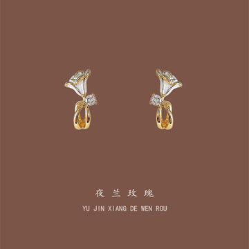 White Enamel Flower Stud Earrings Gold Tone Metal with CZ