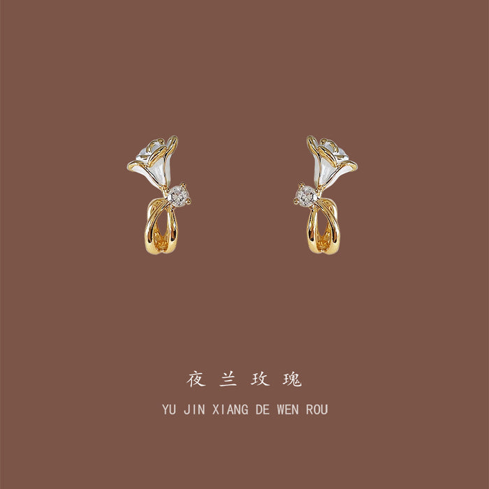 White Enamel Flower Stud Earrings Gold Tone Metal with CZ