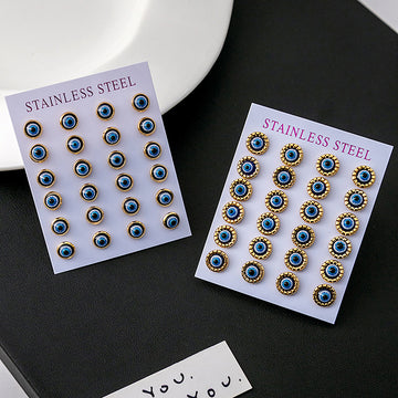 Gold Tone Stainless Steel Evil Eye Stud Earrings Pair Cards