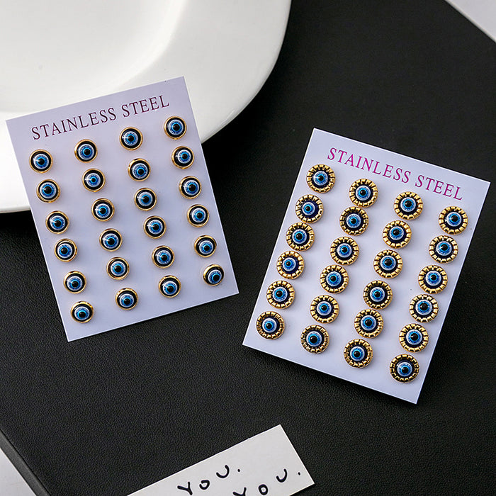 Gold Tone Stainless Steel Evil Eye Stud Earrings Pair Cards