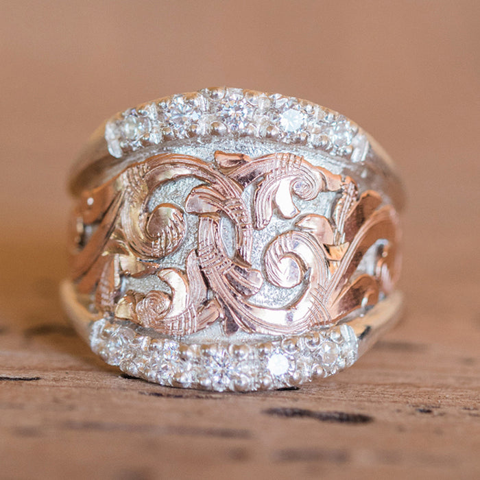 Two-Tone Filigree Wide Band Ring Rose Gold Silver Stones