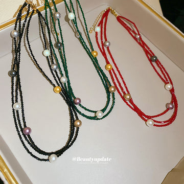 Layered Bead and Pearl Necklaces in Three Cord Colors