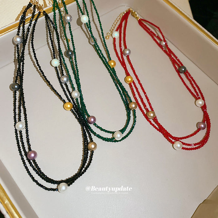 Layered Bead and Pearl Necklaces in Three Cord Colors