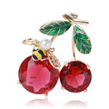 Red Crystal Cherry Bee Brooch Pearl Green Leaf Accents view 6