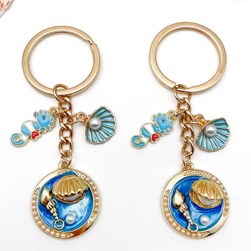 Six Blue Seahorse Shell Ocean Metal Keychain Designs