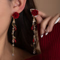 Red Velvet Look Rose and Teardrop Vine Dangle Earrings view 1