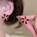 Red Velvet Flower Crystal Stud Earrings With Gold Centers view 1