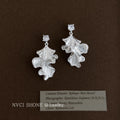 Silver Tone Clear Square Top And Ruffled Leaf Drop Stud Earrings view 3