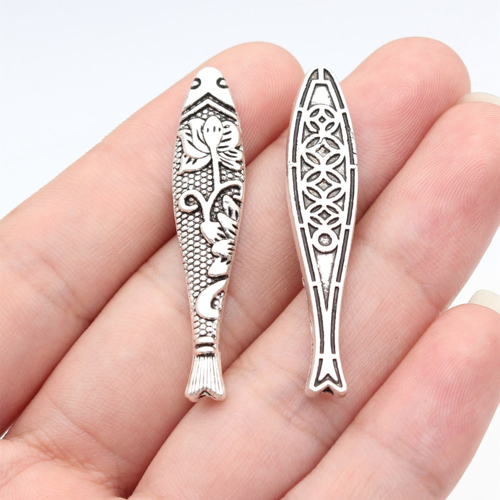 43x9.3x4.8mm 5g Antique Silver Zinc Alloy Patterned Fish Small Hole Spacer Beads for Necklace Making