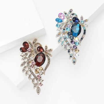 Glass Crystal Leaf Spray Brooch Blue Teal Burgundy