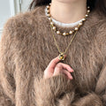 Brown And Gold Tone Beaded Necklace With Square Pendant view 1