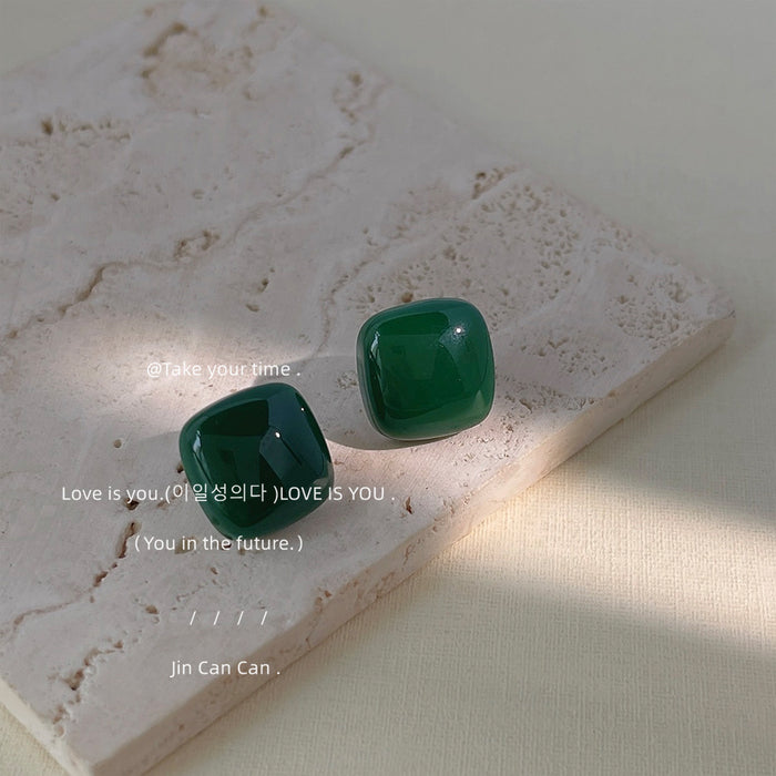 Dark Green Square Glossy Enamel Stud Earrings Pair