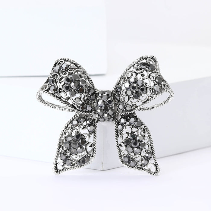 Antique Silver Black Crystal Bow Brooch Openwork Filigree