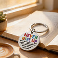 Never Give Up Round Metal Keychain Rainbow Letter Print view 4
