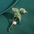 Green Enamel Lotus Leaf Brooch With Flower and Dragonfly view 3