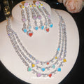 Silver Multicolor Heart Crystal Necklace Tassel Earrings view 1