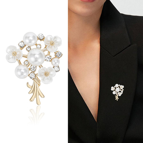 Gold pearl bouquet brooch product shot and worn on black blazer
