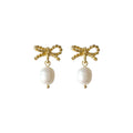 Gold Twisted Rope Bow Freshwater Pearl Drop Studs Pair view 5