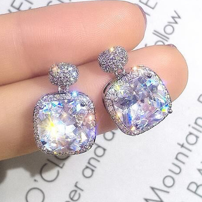Silver Tone Cushion Crystal Halo Drop Stud Earrings