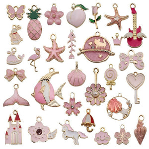 Pink Enamel Charms with Sea, Flower and Fruit Motifs, Gold Tone Alloy