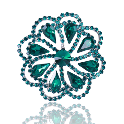 Front view showing the layered flower brooch with green or yellow crystal petals