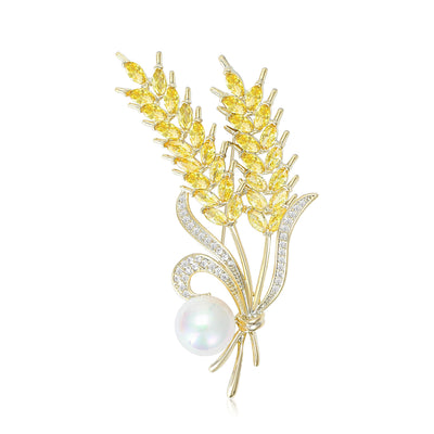 Gold yellow crystal wheat ear brooch pearl base front view