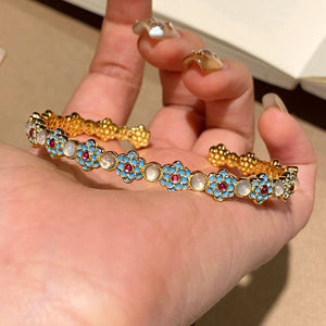 Gold Open Cuff Blue Enamel Flower White Cabochon Bracelet