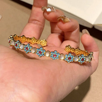 Gold Open Cuff Blue Enamel Flower White Cabochon Bracelet